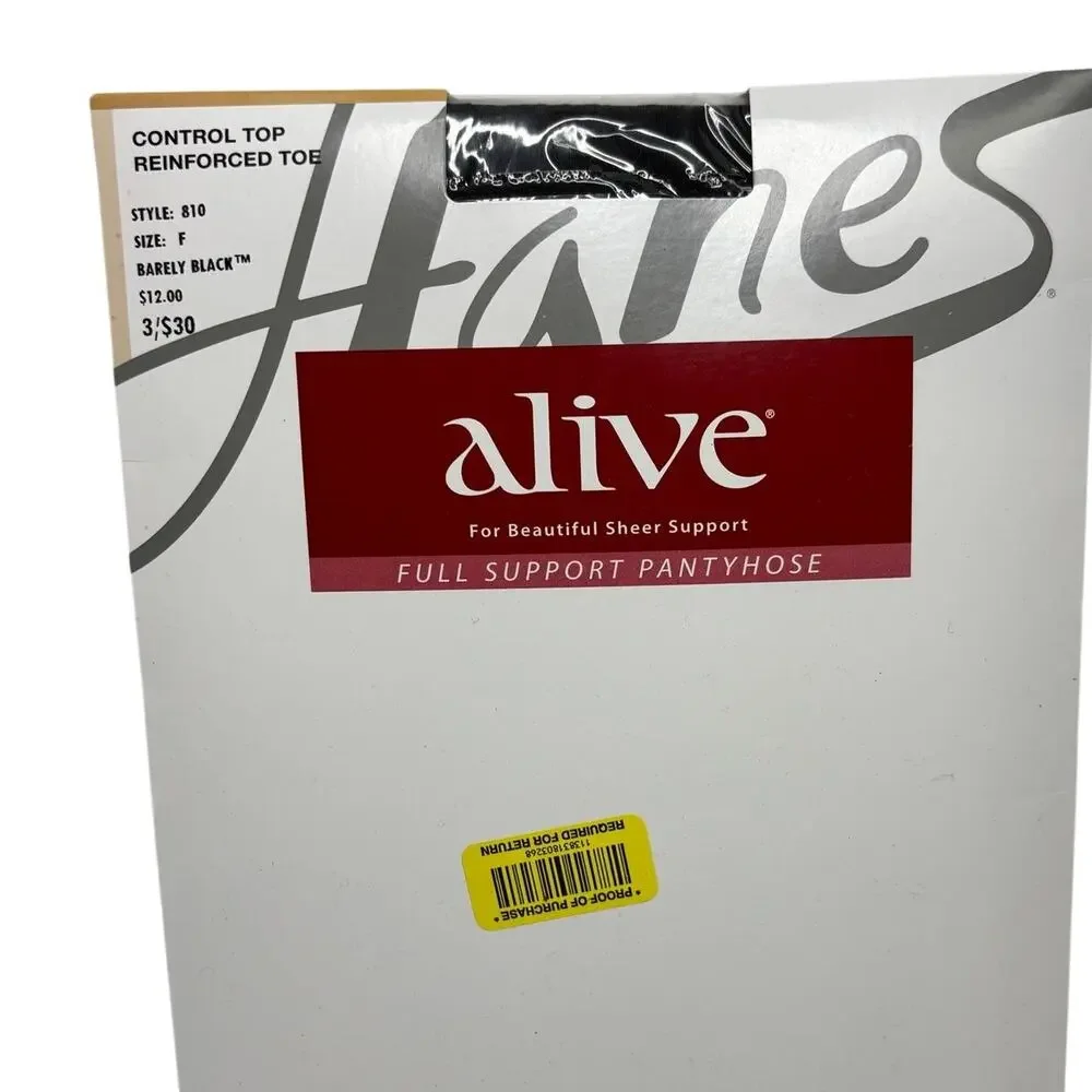 Hanes Alive Full Support Pantyhose Sheer Barely Black Size F NIP